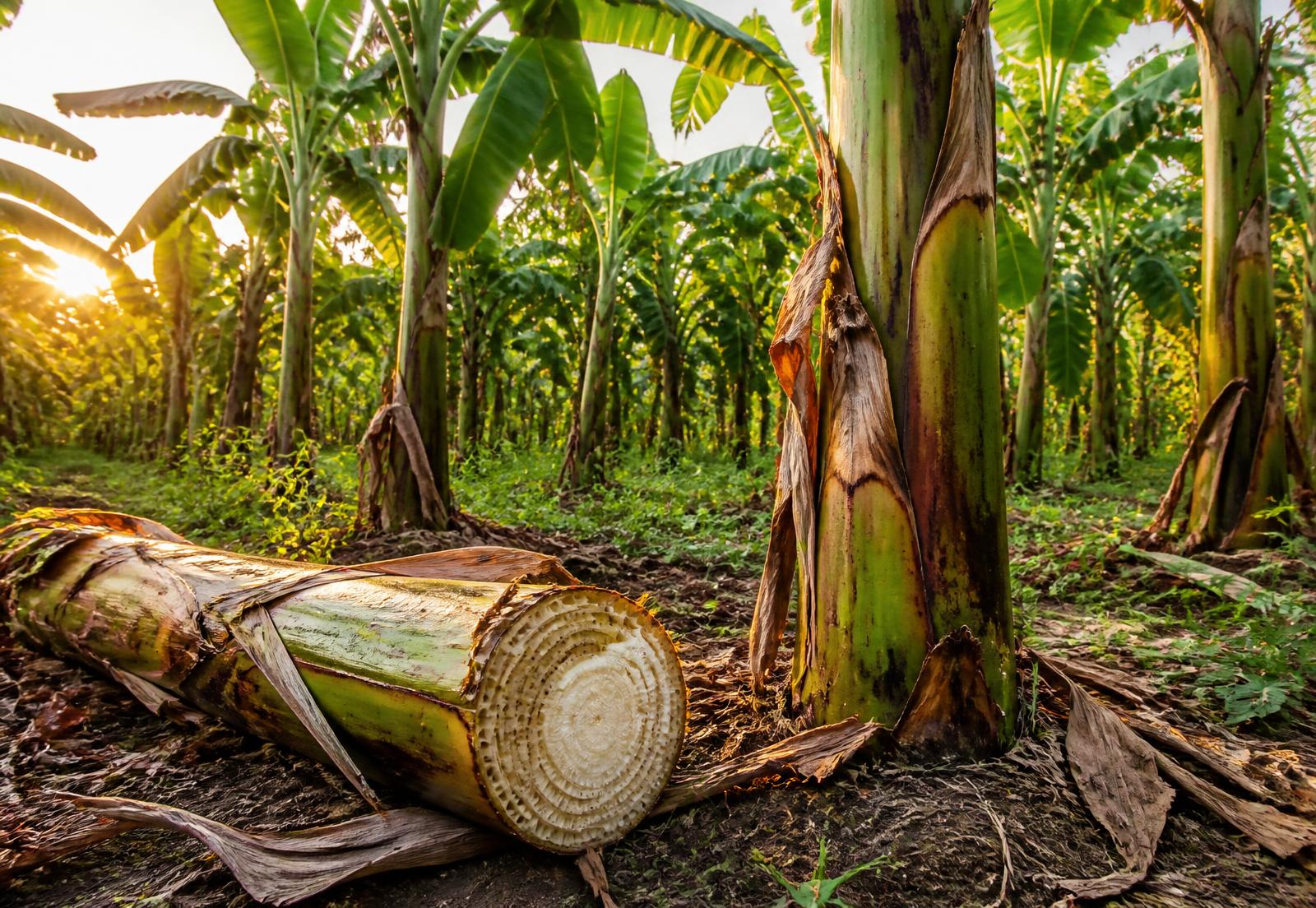 Banana and plantain plantation with a harvested pseudostem showing its fibrous interior